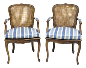 Mid 20th Century Vintage Ethan Allen Italy French Country Louis XV Cane Back Arm Chairs - A Pair