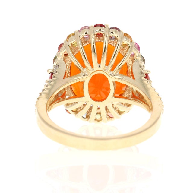 6.29 Carat Fire Opal Sapphire Diamond 14 Karat Yellow Gold Cocktail Ring Size 7 For Sale - Image 4 of 4