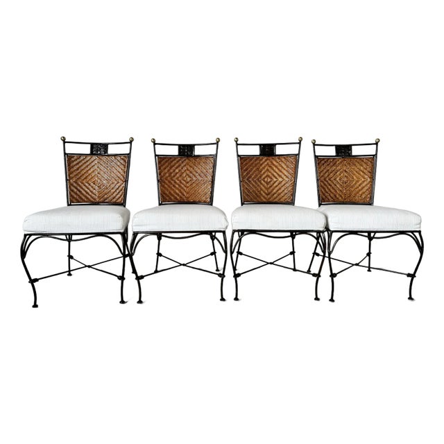 Vintage Wrought Iron and Rattan Dining Chairs With Brass Ball Finials – Set of 4 For Sale