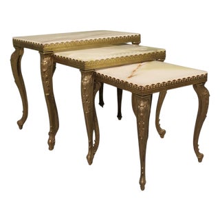 Brass Nesting Tables with Marble Tops, 1920, Set of 3 For Sale