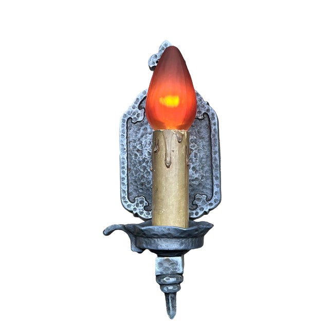 We have four of these nice hammered wall sconces without missing parts, plus a 5th that is missing a small tailpiece that...