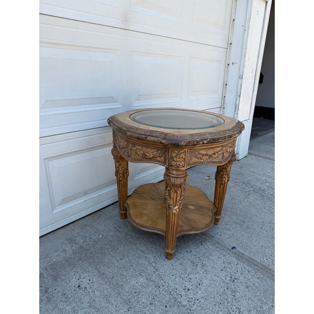 Late 20th Century French Louis XVI Style Carved Wood & Marble Glass Top Round Side Table For Sale - Image 11 of 11