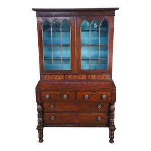 Antique American Federal Flame Mahogany Secretary Writing Desk Gothic Bookcase