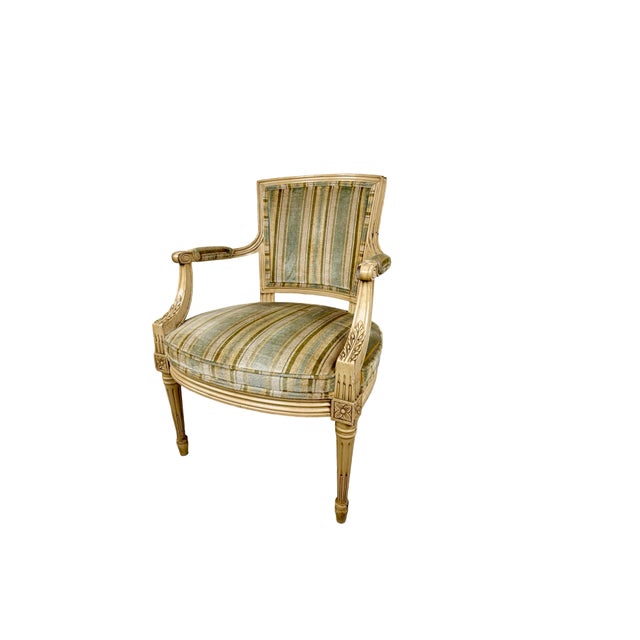 French Vintage Neoclassical Striped Seat Armchair For Sale - Image 3 of 15