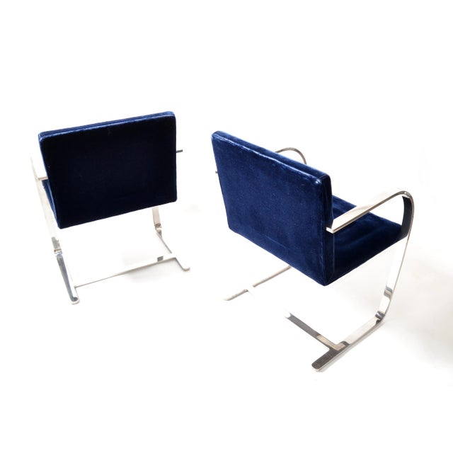 Blue Mies Van Der Rohe for Knoll Stainless Steel Brno Chairs Blue Velvet 1977, Pair For Sale - Image 8 of 13