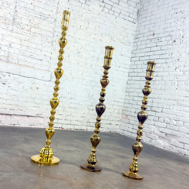 20th Century Moroccan Bohemian & Boho Chic Style Set of 3 Tiered Turned Brass Floor Candlesticks For Sale - Image 18 of 18
