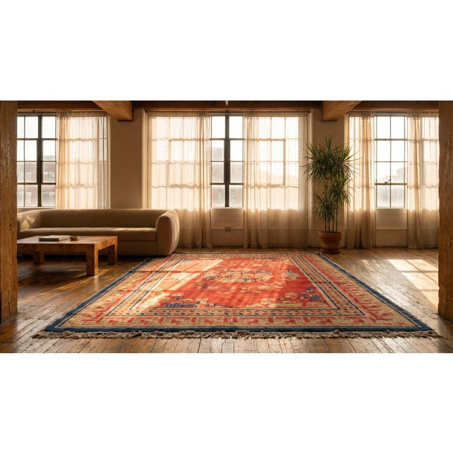 Textile 1890s Orange Medallion Qing Antique Chinese Bao Tou Rug 5'3" X 7'9" Handknotted Wool Carpet For Sale - Image 7 of 8