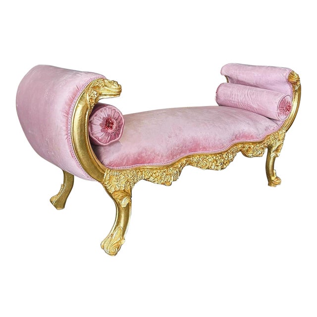 Baroque Style Light Pink Velvet Bench With Gold Details For Sale