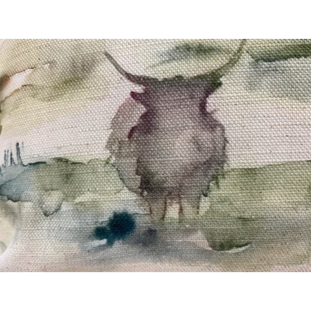 American Small Bolster Pillow Decorated With a Rustic Water Color-Look Landscape Featuring Roaming Bison & Towering Trees - Made in Uk. For Sale - Image 3 of 11