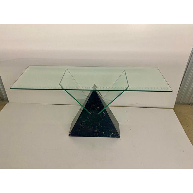 1980s Postmodern Triangle Marble Base Console Table in the Style of Massimo Vignelli . For Sale - Image 11 of 12