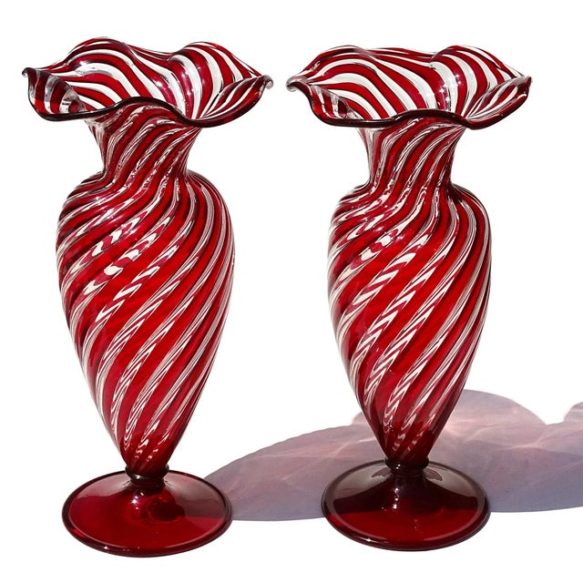 Vintage Murano AVeM Swirling Ruby Red Clear Stripes Italian Art Glass Ruffle Rim Footed Flower Vase For Sale In Orlando - Image 6 of 8