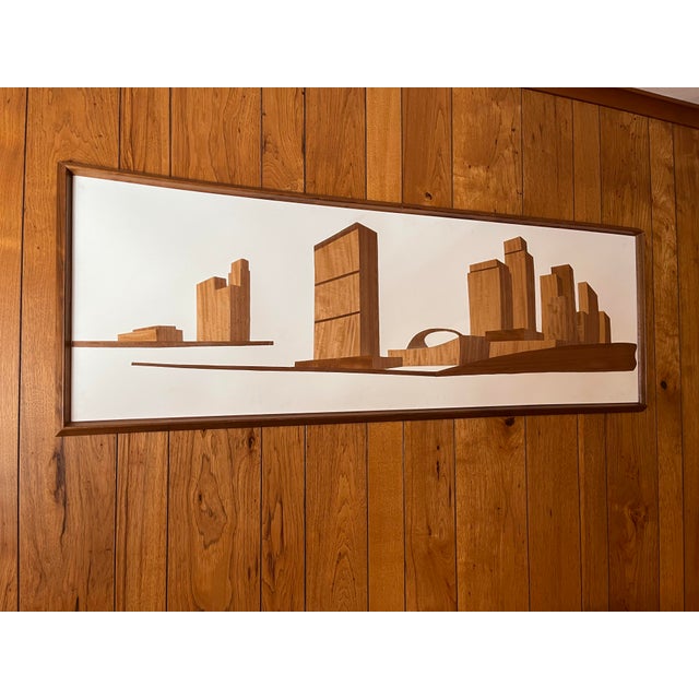 Wood Mel Quimby Attr. 1960s Wood Veneer Cityscape Silhouette Framed Wall Art For Sale - Image 7 of 12