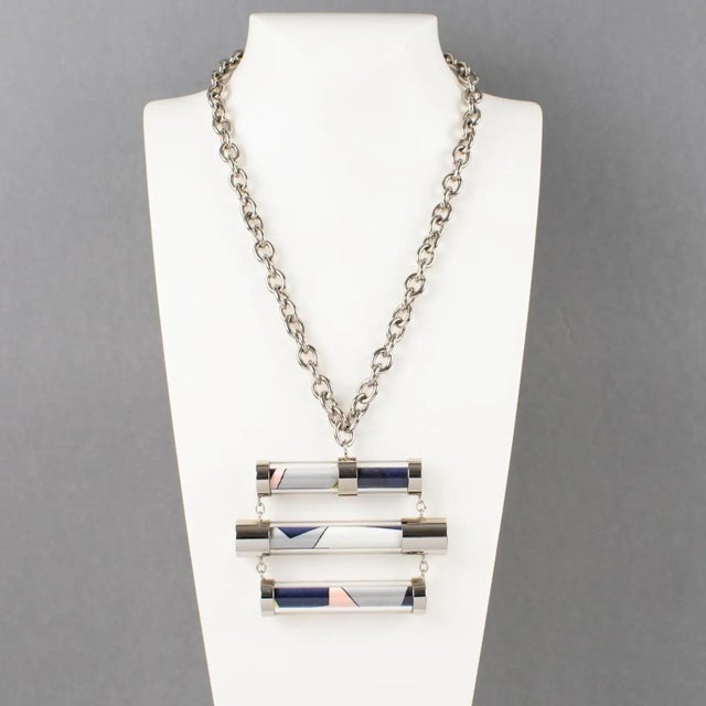 Abstract Emilio Pucci Futuristic Silvered Metal and Silk Abstract Geometric Necklace For Sale - Image 3 of 9