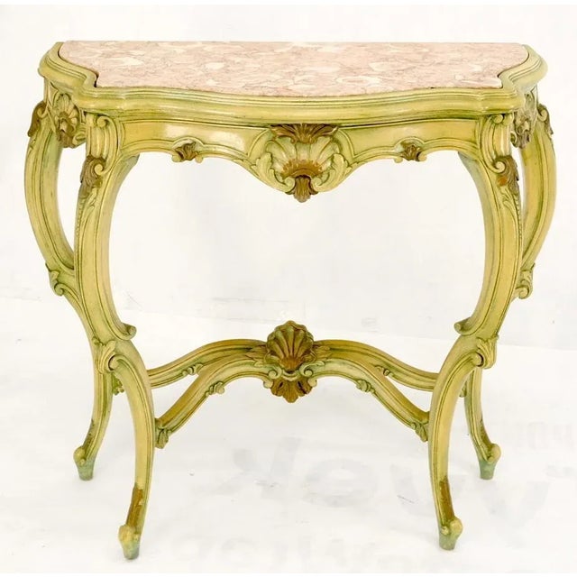 Wood Carved French Regency Paint Decorated Console Table w/ Rouge Pink Marble Top For Sale - Image 7 of 13