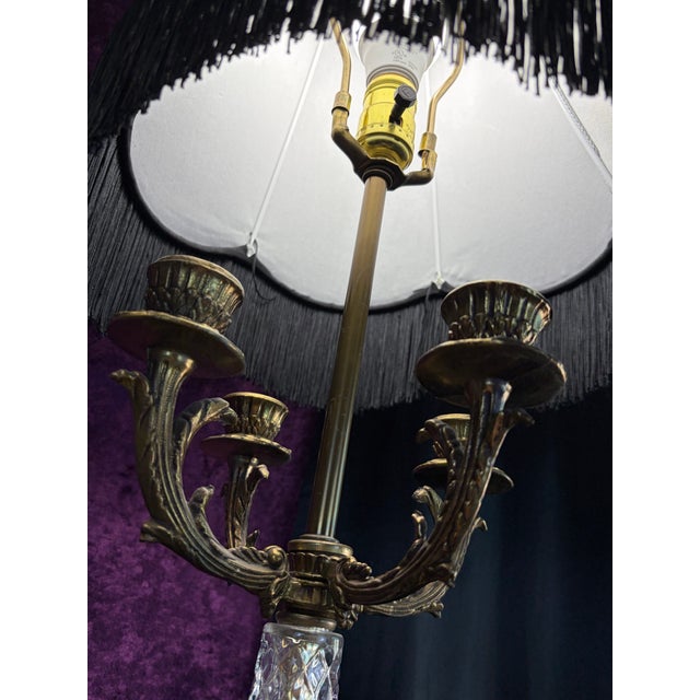 Mid 20th Century Hollywood Regency Crystal & Brass Four‑Arm Candelabra Lamps With Black Fringe Shades — A Dramatic Pair For Sale - Image 10 of 12