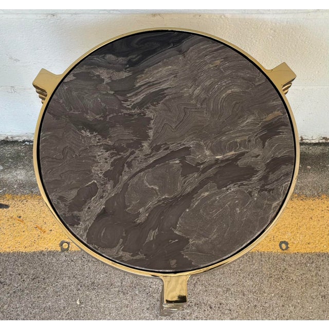 Original retail $780, stylish Currey & Company Modern Cappuccino Marble Corrado Accent Table, textured polished brass...