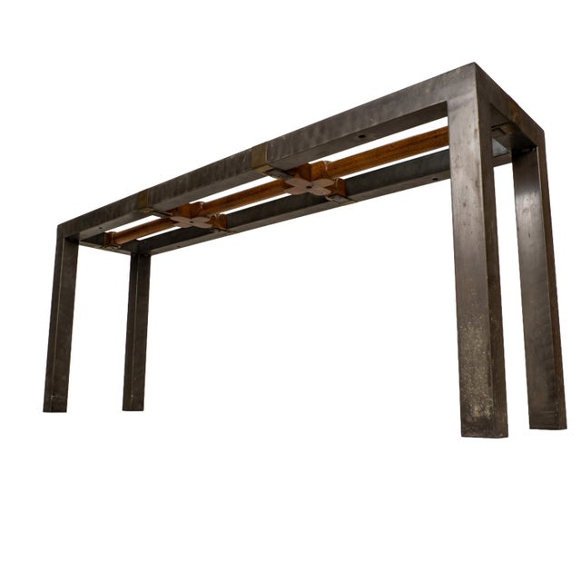 Vintage Brutalist Iron, Brass & Wood Console Table W/ Thick Beveled Glass Insert For Sale - Image 12 of 18