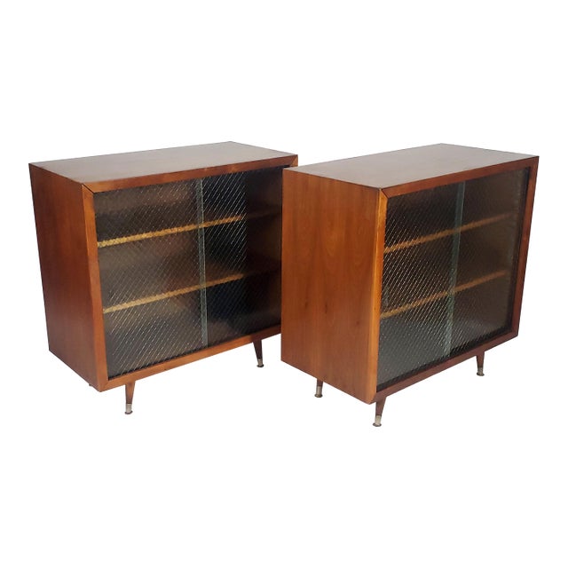 Pair of Vintage Original Mid-Century Modern Walnut Finish All Wood Display Cabinets With Adjustable Shelves and Sliding Wire Glass Doors For Sale