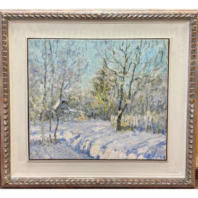 Blue Georgij Moroz, Snowy Landscape Landscape and House Immersed in the Snow, 1990s, Oil on Canvas For Sale - Image 8 of 8