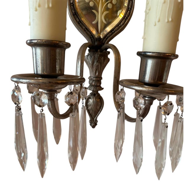 Brass Pair of Beveled Mirrored Brass With Old Silver Plate and Crystal Double Sconces Circa 1910 For Sale - Image 8 of 8