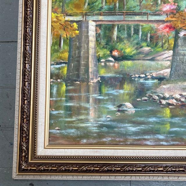Impressionist 1960’s Original Impressionist Bridge Over Stream Landscape Painting For Sale - Image 3 of 5
