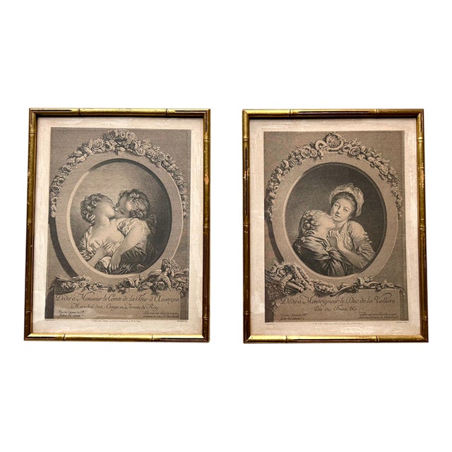 18th Century French Rococo Engravings of Fragonard Le Baiser (The Kiss) and Le Baiser Derobe The Stolen Kiss - Pair For Sale