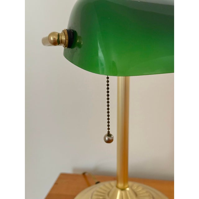 Mid 20th Century Art Deco Emeraldite Shade Brass Banker Lamp With Ball Pull For Sale - Image 4 of 11