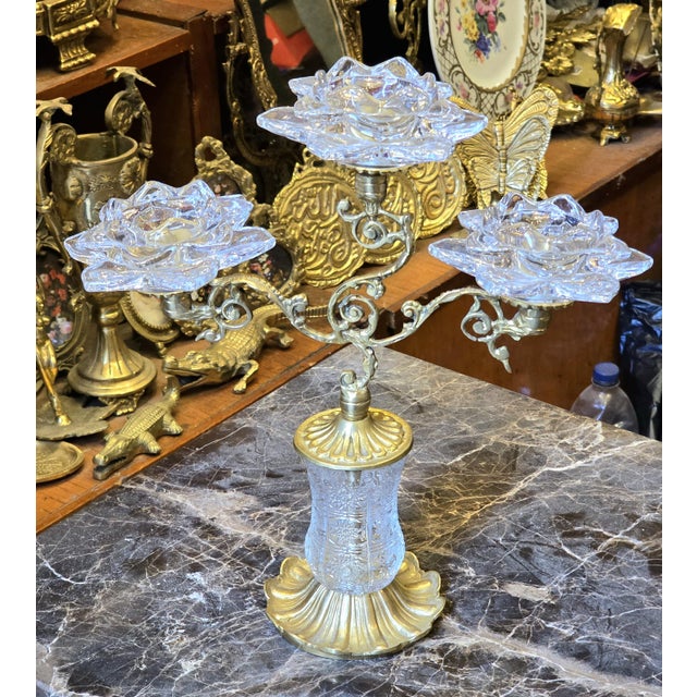2010s Ornate Brass & Crystal Three-Candle Decorative Holder for Table Decor Italian Style For Sale - Image 5 of 5