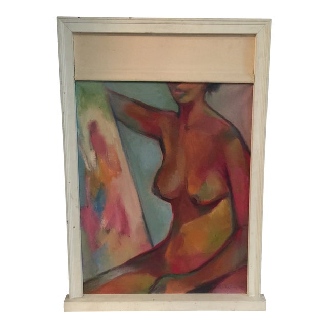 1970s Abstract Nude in Window Sill Frame With Canvas Window Shade Painting For Sale