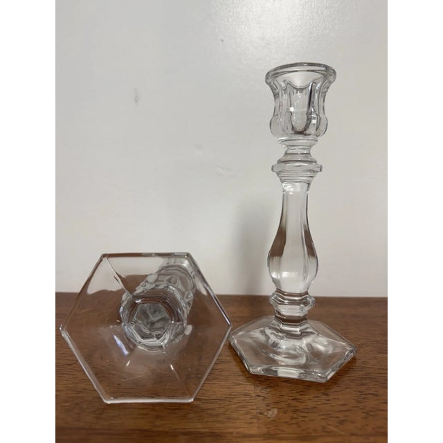 1990s Vintage Pair Clear Glass Crystal Candlesticks 7.5" Hexagon Base Taper Holders For Sale - Image 5 of 11