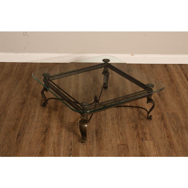 High Quality Cast Iron And Glass Coffee Table Featuring A Neoclassical Style Frame With Scroll Form Legs, Corner Finials,...