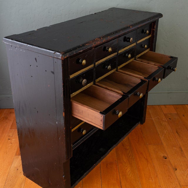 19th Century 20 Drawer Black Apothecary Cabinet or Millinery Hutch For Sale - Image 9 of 18