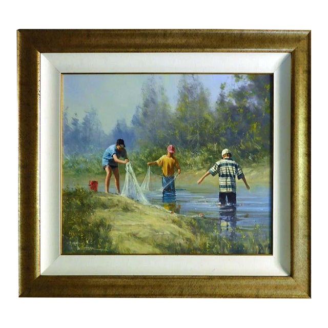 Robert Hagan "Letting Down the Nets" Original Oil Hand Signed Custom Framed For Sale