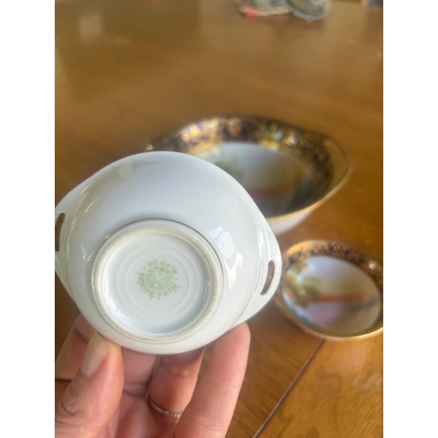 Antique Hand Painted Nippon 3-Piece Serving Set Cobalt Blue Heavy Gold Scenic Landscape M in Wreath Morimura 1910-1921 Châteaucore Grandmillennial For Sale In Portland, OR - Image 6 of 14