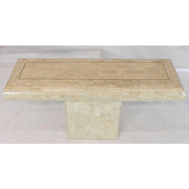 Mid-century modern brass inlay single pedestal tessellated console sofa table. Made in the 1970s.