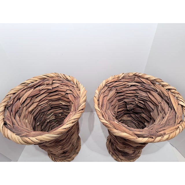Vintage Pair Woven Wicker Urn Style Pedestal Vases For Sale - Image 4 of 12