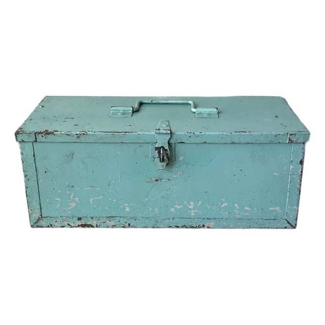 1950s Vintage Large & Heavy Teal Turquoise Green-Blue Metal Tool Chest Décor For Sale