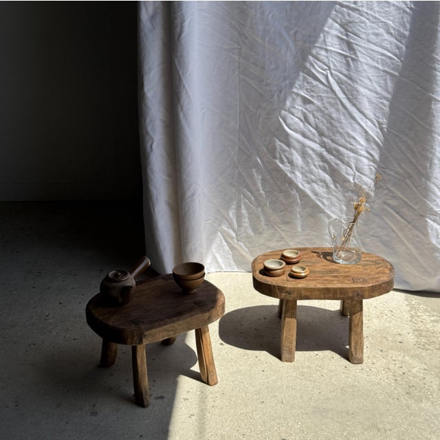 Small stool, oval solid teak accent stool with wabi-sabi style arched legs. Minimalist, raw design, a beautiful piece...