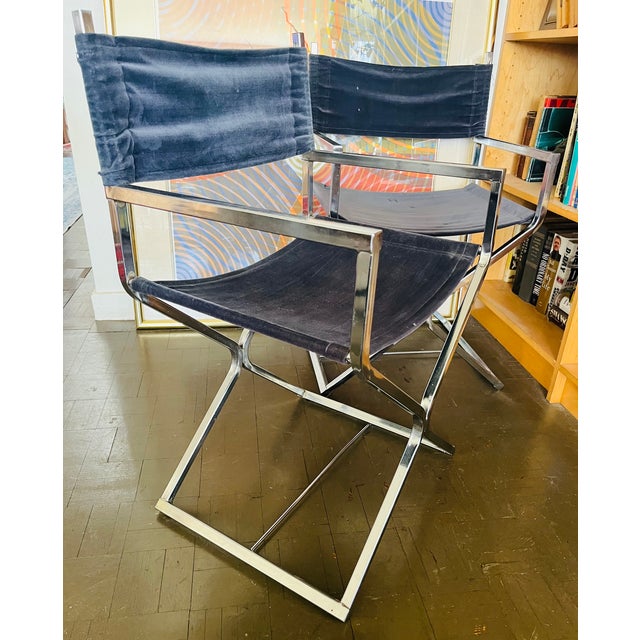 1970s Mid Century Chrome Directors Chairs Glam Era in Black Velvet For Sale - Image 5 of 13