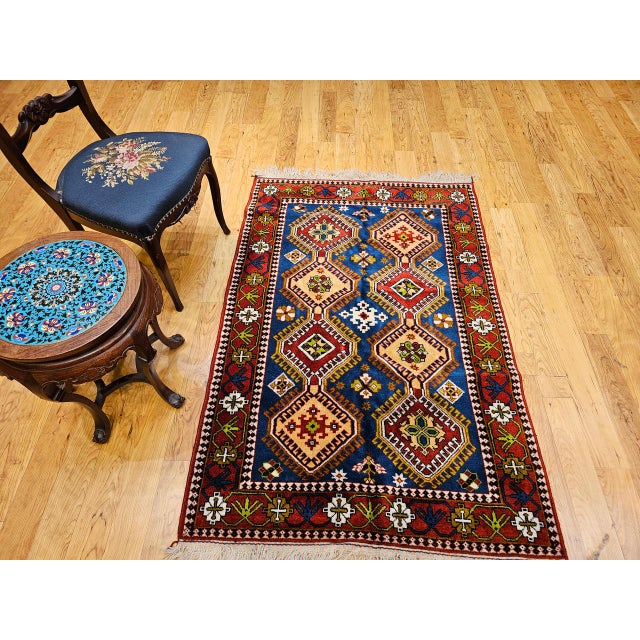 Textile Vintage Persian Shiraz Yalameh Tribal Area Rug, Hand-Knotted Wool, Allover Geometric Pattern, Blue & Red, 3x5 For Sale - Image 7 of 17