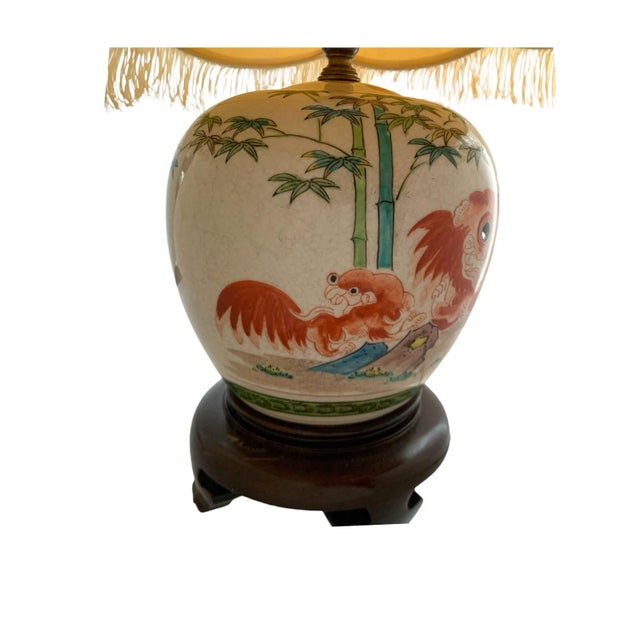 Late 20th Century Late 20th Century Lamp Foo Dog Design on Chinese Ginger Jar and Silk Shade Vintage Oriental Decor For Sale - Image 5 of 8