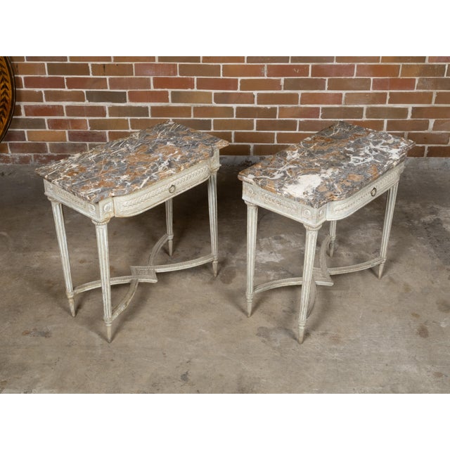 Pair of French Louis XVI 18th Century Painted Console Tables with Marble Tops For Sale - Image 9 of 12