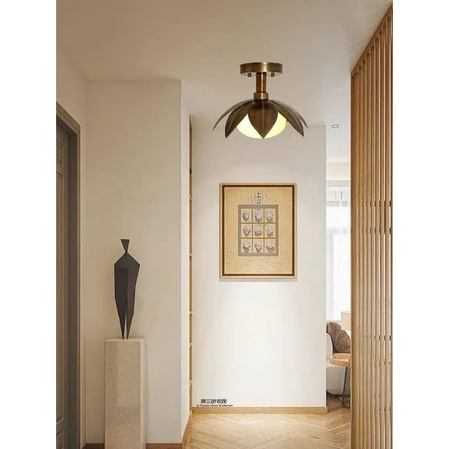 Sunflower Flush Mount Lighting Fixture With Milk Glass Shade in Handcrafted Brass For Sale - Image 9 of 10