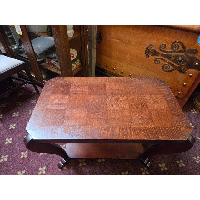 Antique French Art Deco Side Table Parquet Top Oak For Sale In San Diego - Image 6 of 7