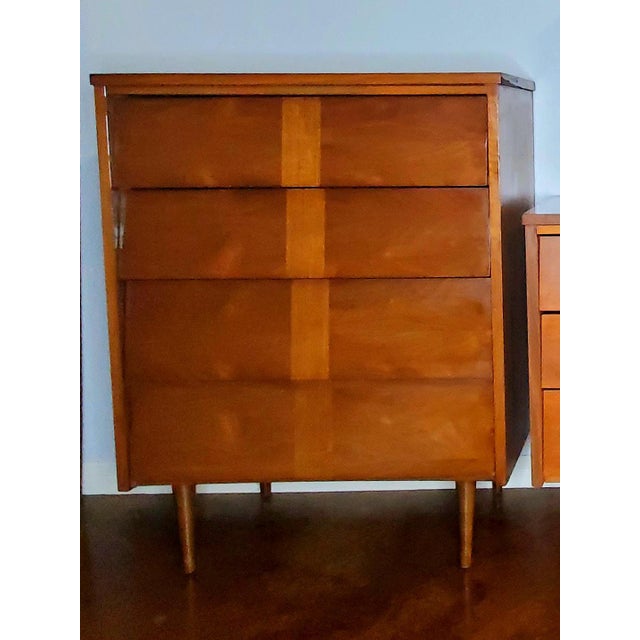 Mid Century Ward Furniture Mfg 4 drawer highboy dresser. Baby Steps line. Formica top. Gorgeous striped inlay on drawers....