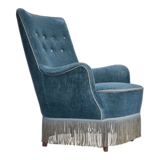 1960s, Danish Armchair, Original Upholstery, Light Blue Velour, Good Condition. For Sale