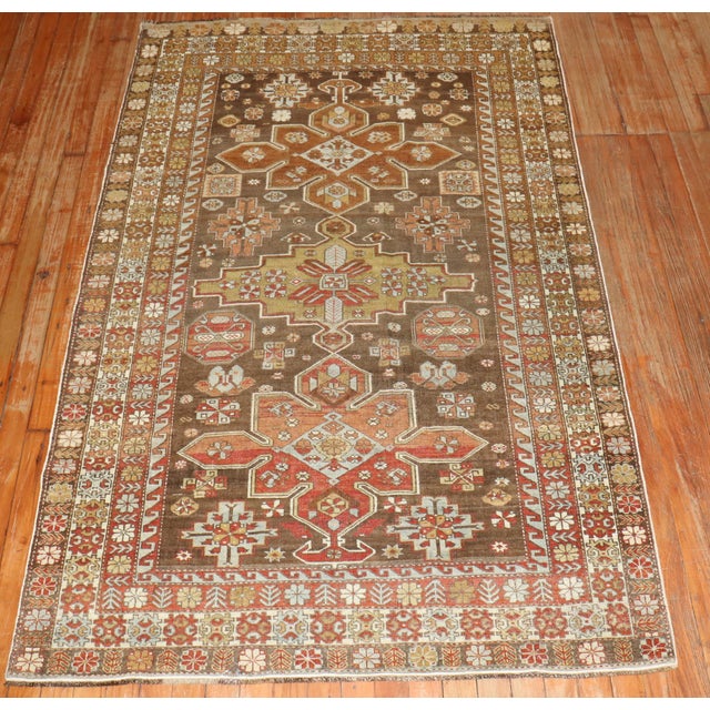 Folk Art Zabihi Collection Caucasian Brown Decorative Accent Size Rug For Sale - Image 3 of 9