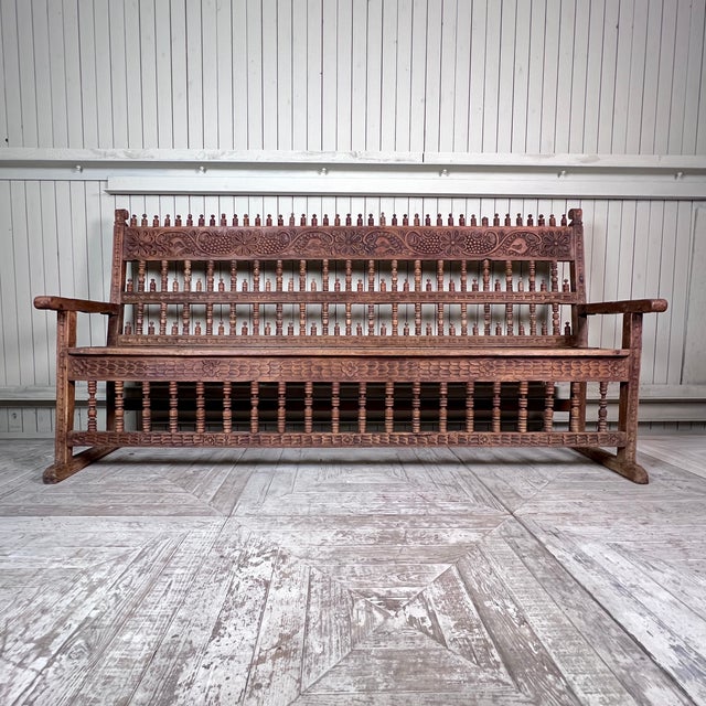 Large Antique Spanish Colonial Carved Hardwood Bench - Late 18th / Early 19th Century A superb and unusually substantial...