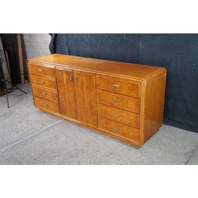 1960s 1960s American of Martinsville Art Deco Lowboy Burled Triple Dresser & Mirror MCM For Sale - Image 5 of 16