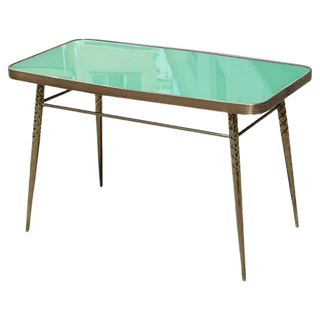 Golden Brass and Green Glass Top Coffee Table, 1950s For Sale